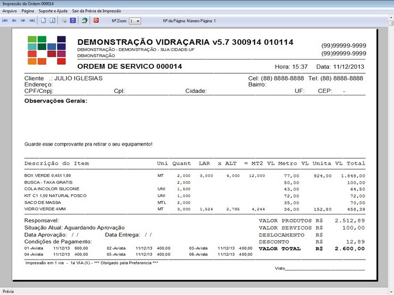 Imagens do Programa Vidraaria e Esquadria v5.7 Plus