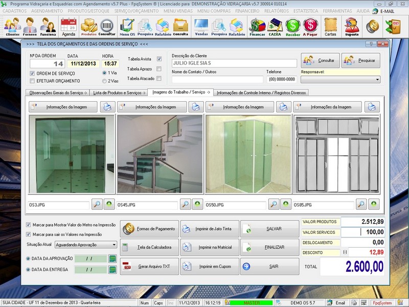 Imagens do Programa Vidraaria e Esquadria v5.7 Plus