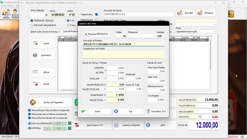 Imagem do Programa Serralheria, Agendamento e Financeiro 7.3 Plus